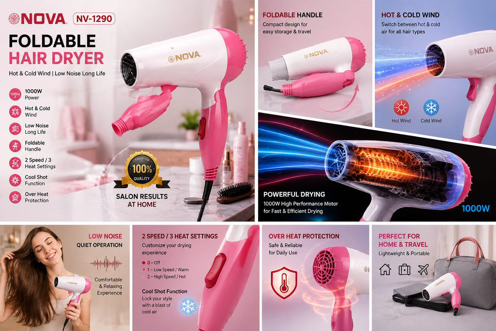 NOVA NV-1290 Foldable Hair Dryer 1000W – Hot & Cold Wind Portable Hair Dryer for Women & Men