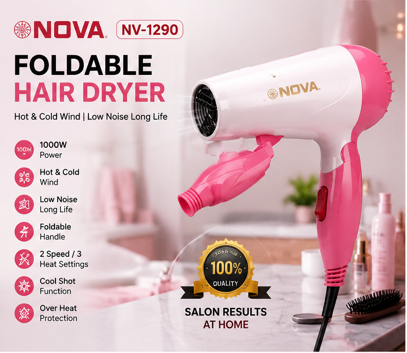 NOVA NV-1290 Foldable Hair Dryer 1000W – Hot & Cold Wind Portable Hair Dryer for Women & Men