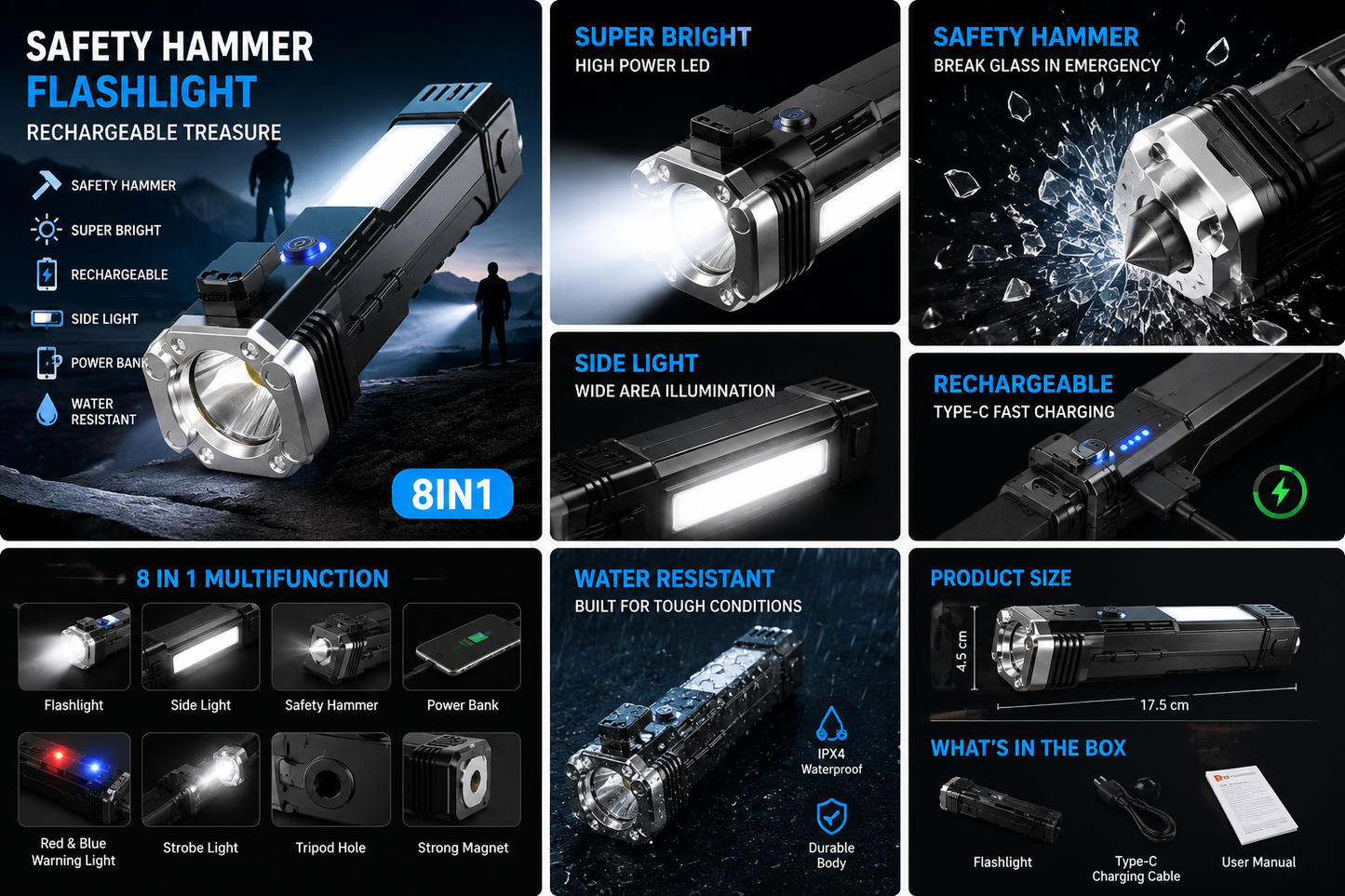 GadgetsVault® 8-in-1 Rechargeable Emergency Flashlight