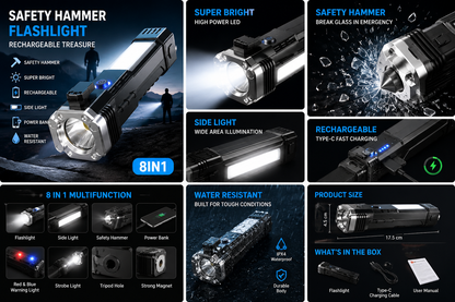 GadgetsVault® 8-in-1 Rechargeable Emergency Flashlight