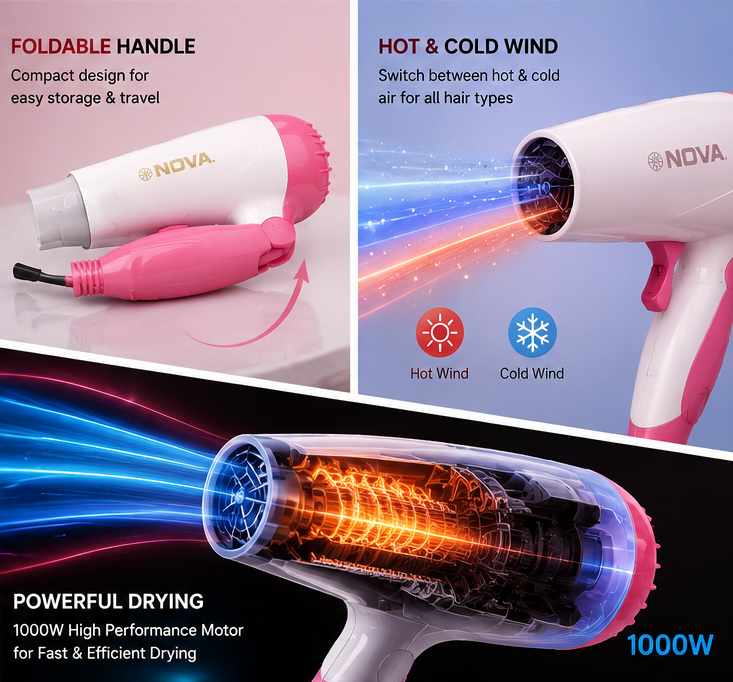 Gadgetsvault® NOVA Foldable Hair Dryer – Fast Drying Hot & Cold Air Blower
