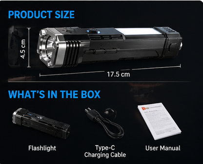 GadgetsVault® 8-in-1 Rechargeable Emergency Flashlight