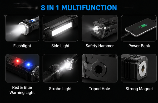GadgetsVault® 8-in-1 Rechargeable Emergency Flashlight